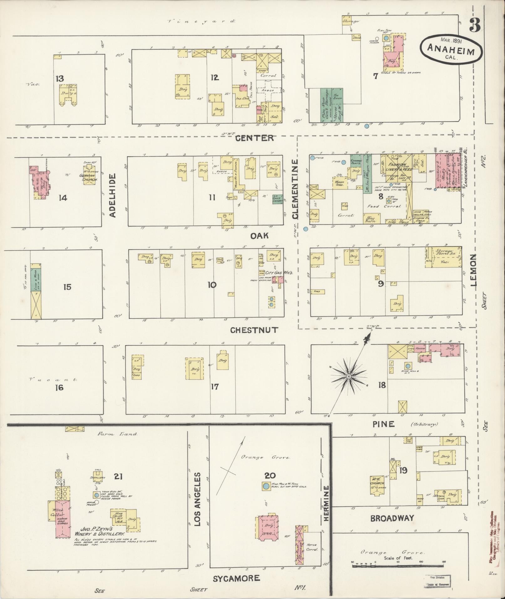 Sanborn Fire Insurance Map from Anaheim, Orange County, California (1891), Sheet #0003 - Historic Sanborn Fire Insurance Map Print, vintage old map wall art, antique decor, genealogy gift, California California map