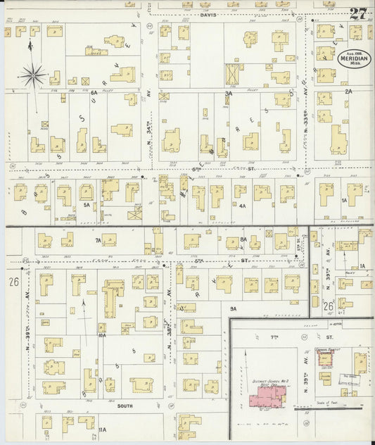 Sanborn Fire Insurance Map from Meridian, Lauderdale County, Mississippi (1906), Sheet #0027 - Historic Sanborn Fire Insurance Map Print, vintage old map wall art, antique decor, genealogy gift, Mississippi Mississippi map