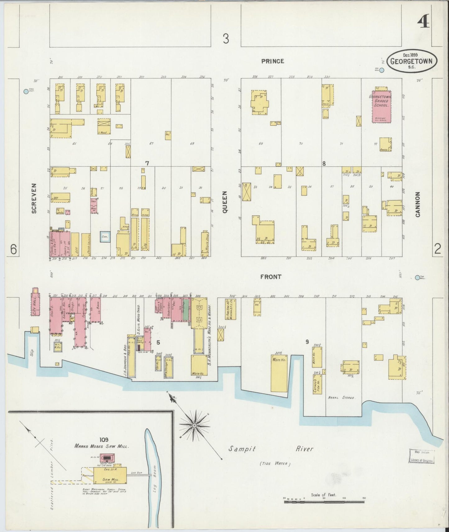 Sanborn Fire Insurance Map from Georgetown, Georgetown County, South Carolina (1899), Sheet #0004 - Historic Sanborn Fire Insurance Map Print, vintage old map wall art, antique decor, genealogy gift, South Carolina South Carolina map