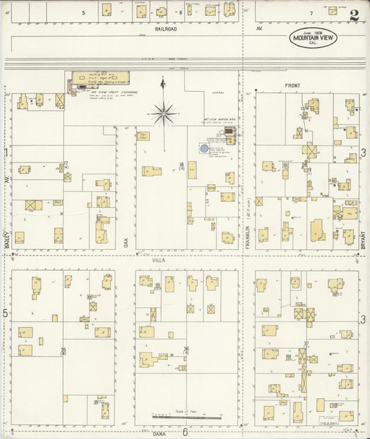 Sanborn Fire Insurance Map from Mountain View, Santa Clara County, California (1908), Sheet #0002 - Historic Sanborn Fire Insurance Map Print, vintage old map wall art, antique decor, genealogy gift, California California map