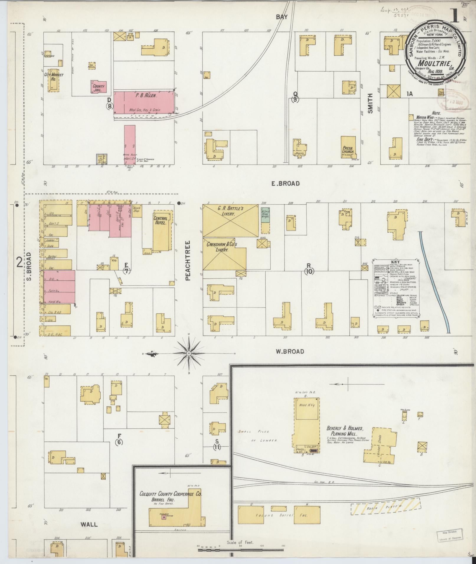 Sanborn Fire Insurance Map from Moultrie, Colquitt County, Georgia (1899), Sheet #0001 - Complete Map Set gallery image, historic Sanborn map, vintage wall art, Georgia Georgia
