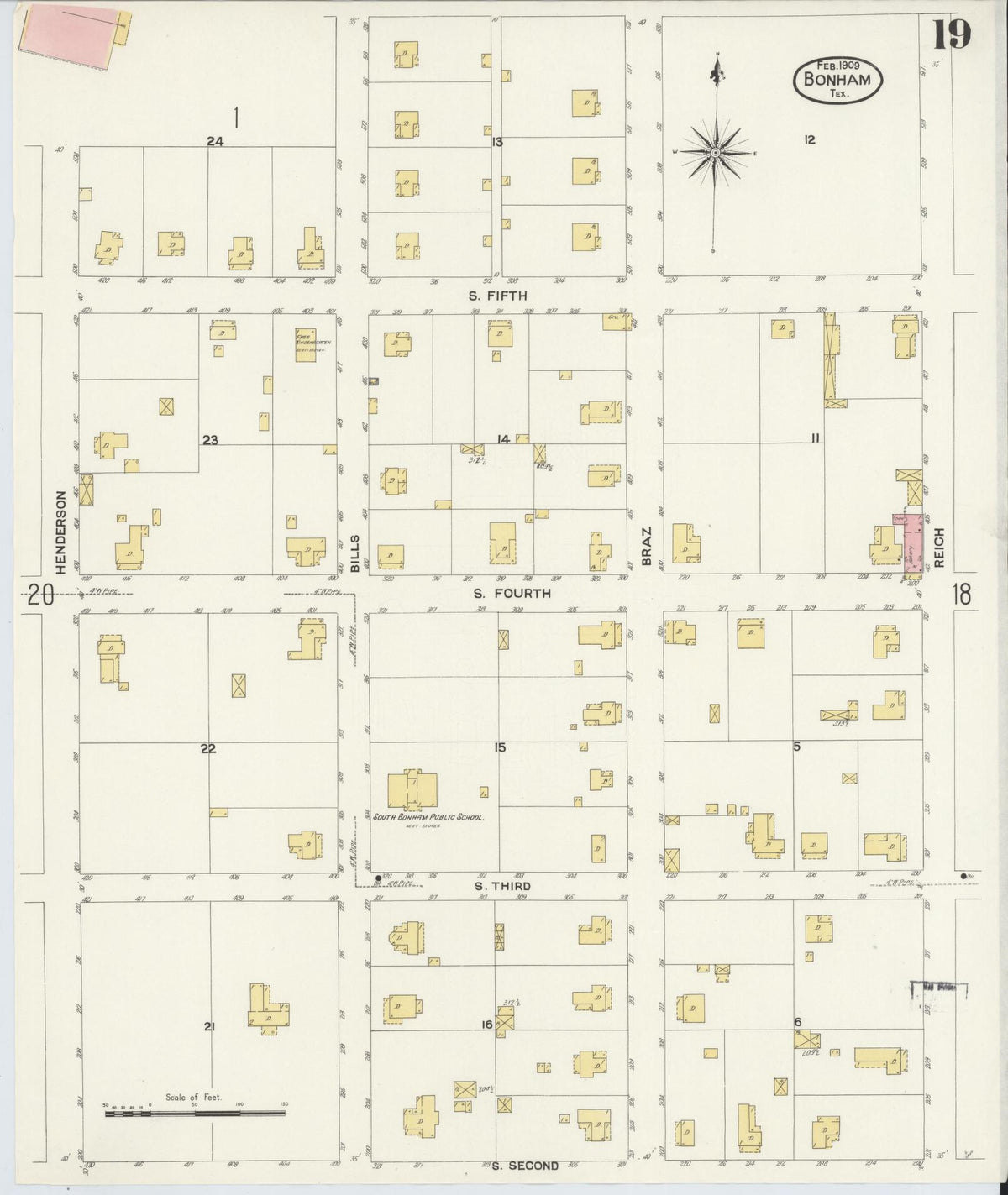 Sanborn Fire Insurance Map from Bonham, Fannin County, Texas (1909), Sheet #0019 - Complete Map Set gallery image, historic Sanborn map, vintage wall art, Texas Texas