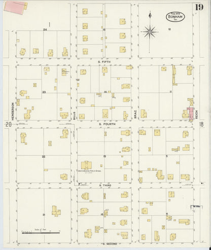 Sanborn Fire Insurance Map from Bonham, Fannin County, Texas (1909), Sheet #0019 - Complete Map Set gallery image, historic Sanborn map, vintage wall art, Texas Texas