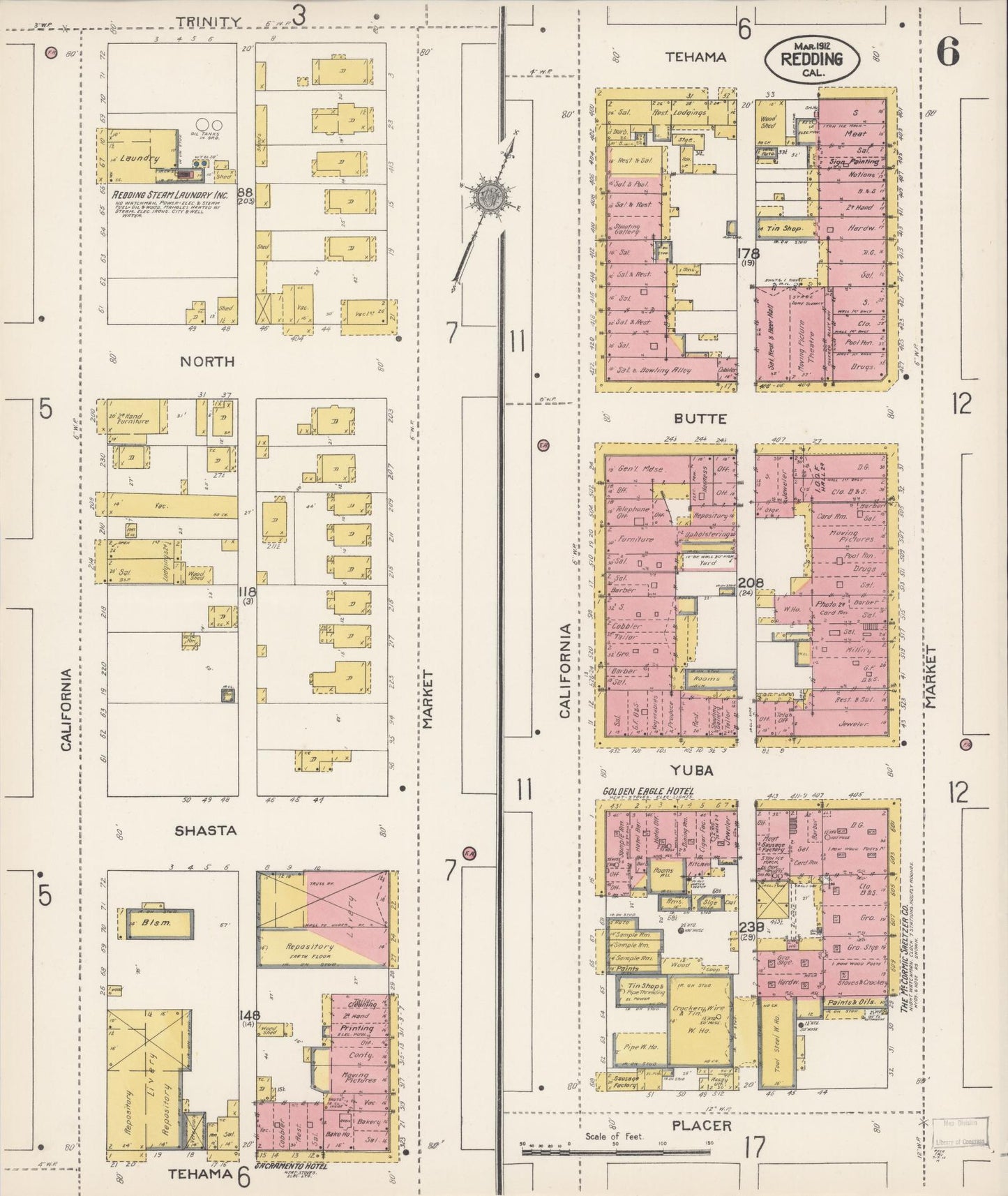 Sanborn Fire Insurance Map from Redding, Shasta County, California (1912), Sheet #0006 - Complete Map Set gallery image, historic Sanborn map, vintage wall art, California California