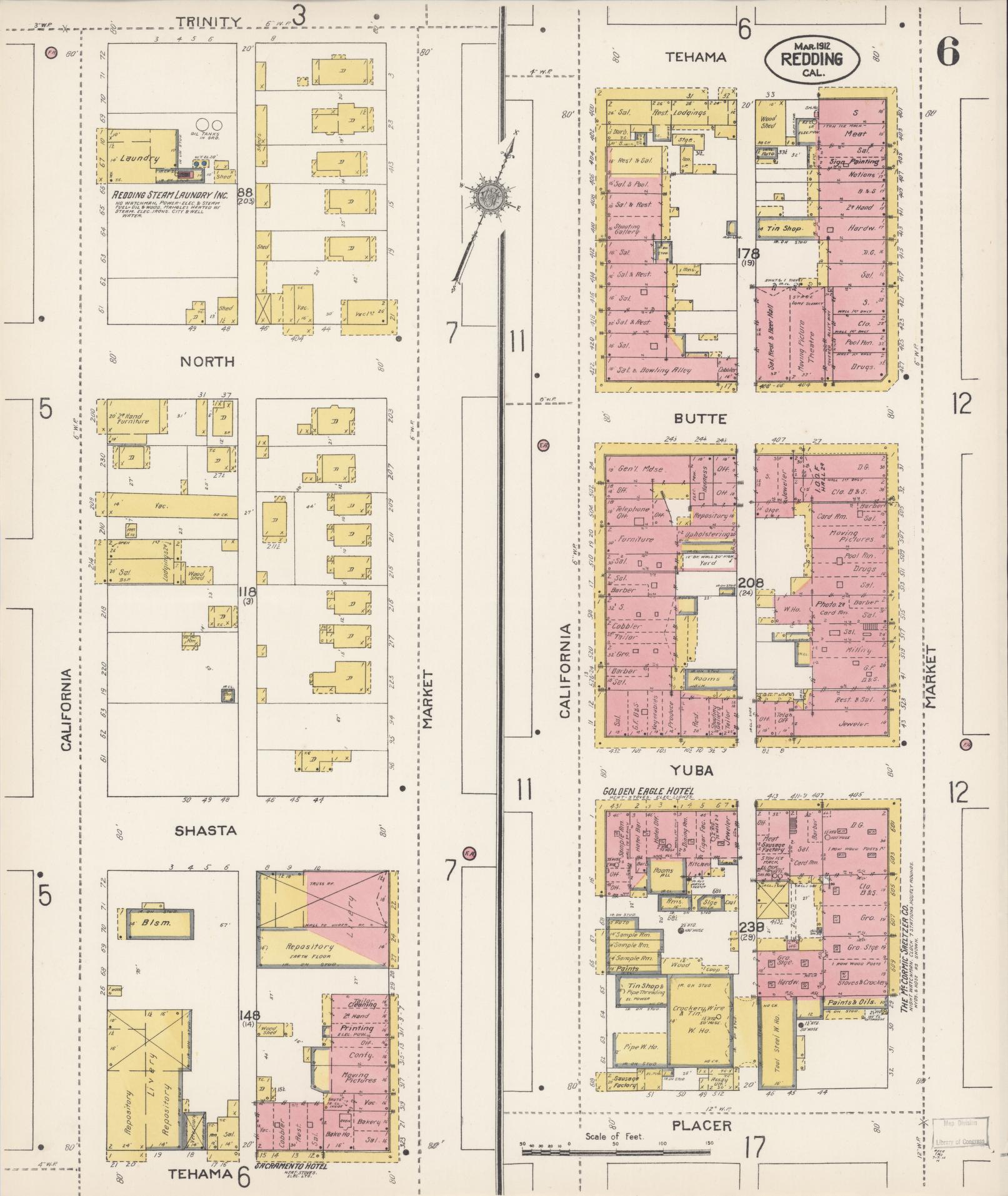 Sanborn Fire Insurance Map from Redding, Shasta County, California (1912), Sheet #0006 - Complete Map Set gallery image, historic Sanborn map, vintage wall art, California California