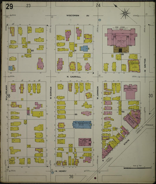 Sanborn Fire Insurance Map from Madison, Dane County, Wisconsin (1908), Sheet #0029 - Historic Sanborn Fire Insurance Map Print, vintage old map wall art, antique decor, genealogy gift, Wisconsin Wisconsin map