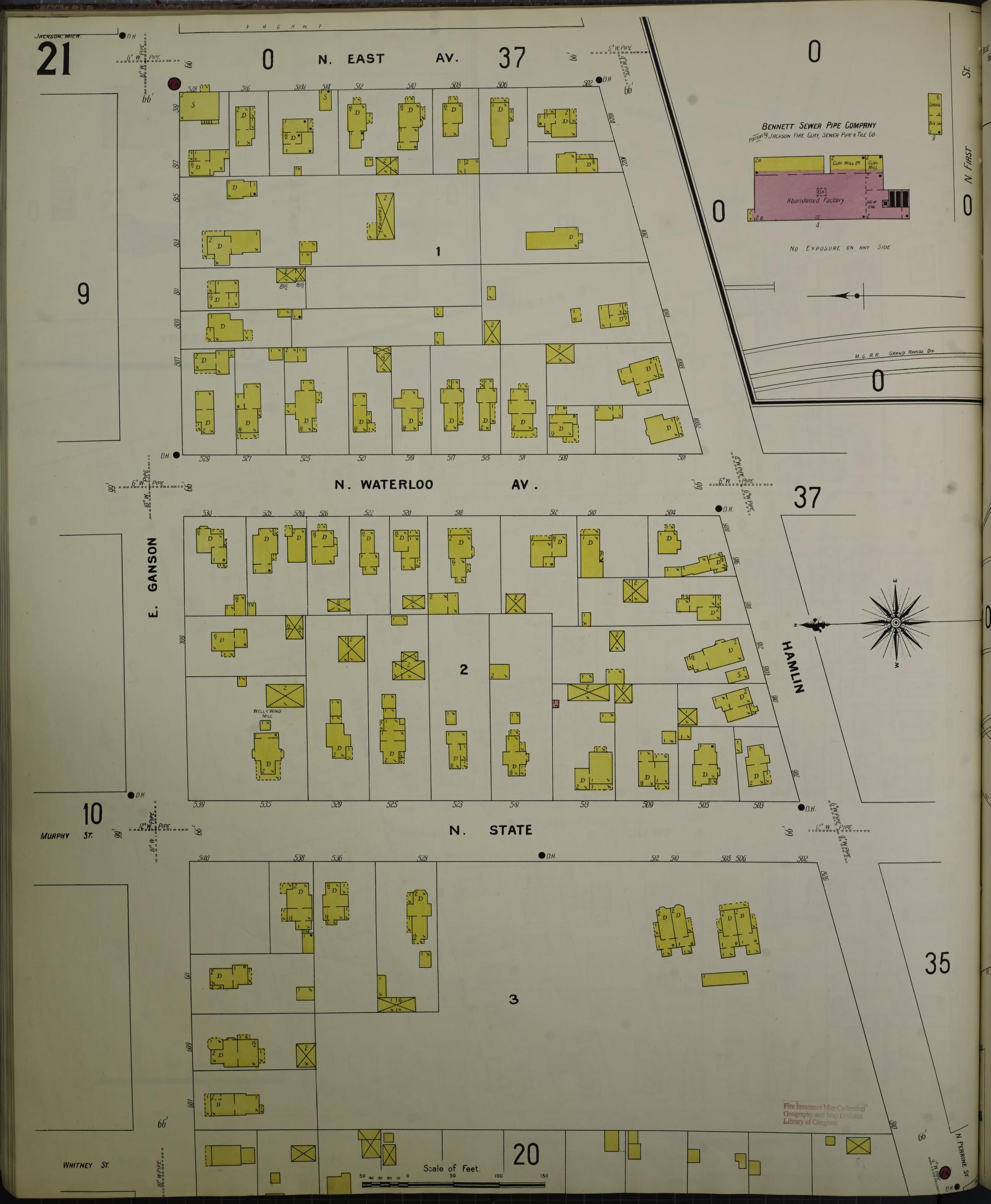 Sanborn Fire Insurance Map from Jackson, Jackson County, Michigan (1907), Sheet #0021 - Complete Map Set gallery image, historic Sanborn map, vintage wall art, Michigan Michigan