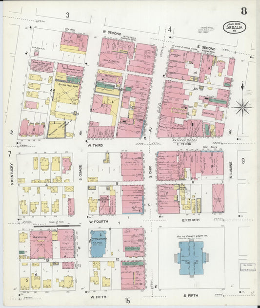 Sanborn Fire Insurance Map from Sedalia, Pettis County, Missouri (1908), Sheet #0008 - Historic Sanborn Fire Insurance Map Print, vintage old map wall art, antique decor, genealogy gift, Missouri Missouri map