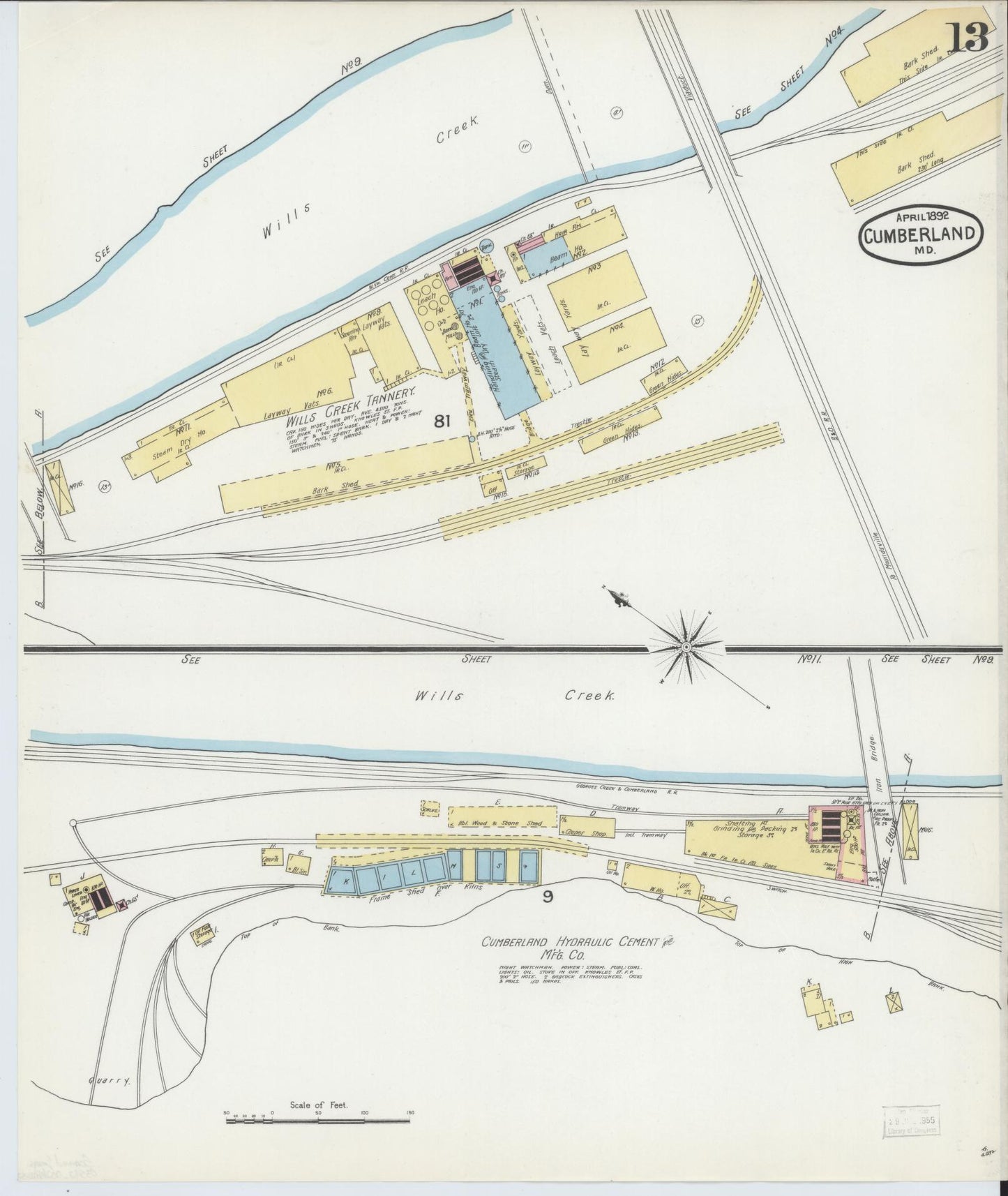 Sanborn Fire Insurance Map from Cumberland, Allegany County, Maryland (1892), Sheet #0013 - Historic Sanborn Fire Insurance Map Print, vintage old map wall art, antique decor, genealogy gift, Maryland Maryland map