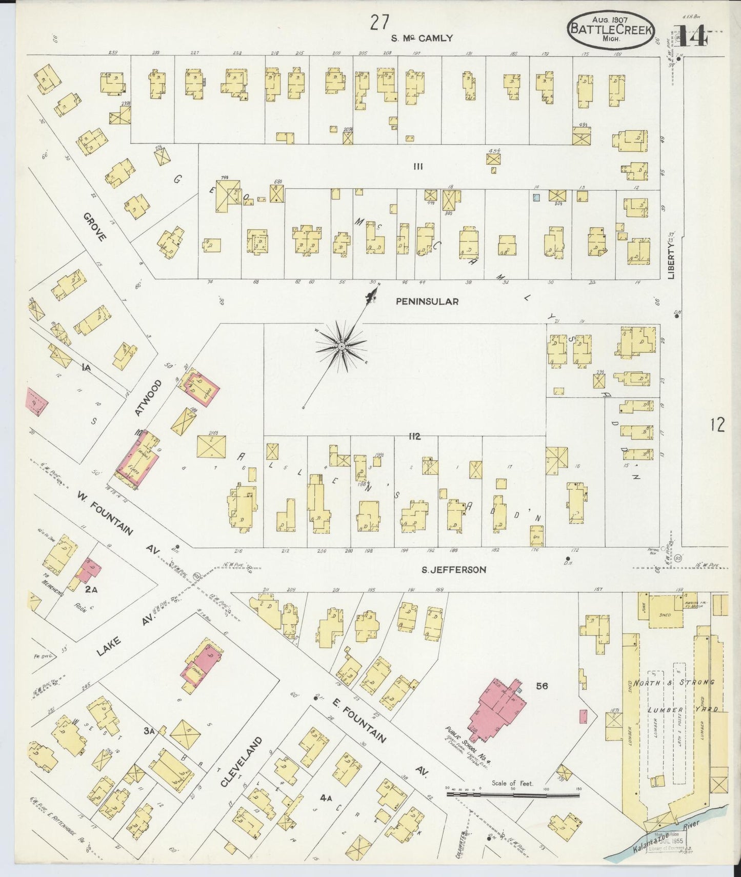 Sanborn Fire Insurance Map from Battle Creek, Calhoun County, Michigan (1907), Sheet #0014 - Complete Map Set gallery image, historic Sanborn map, vintage wall art, Michigan Michigan