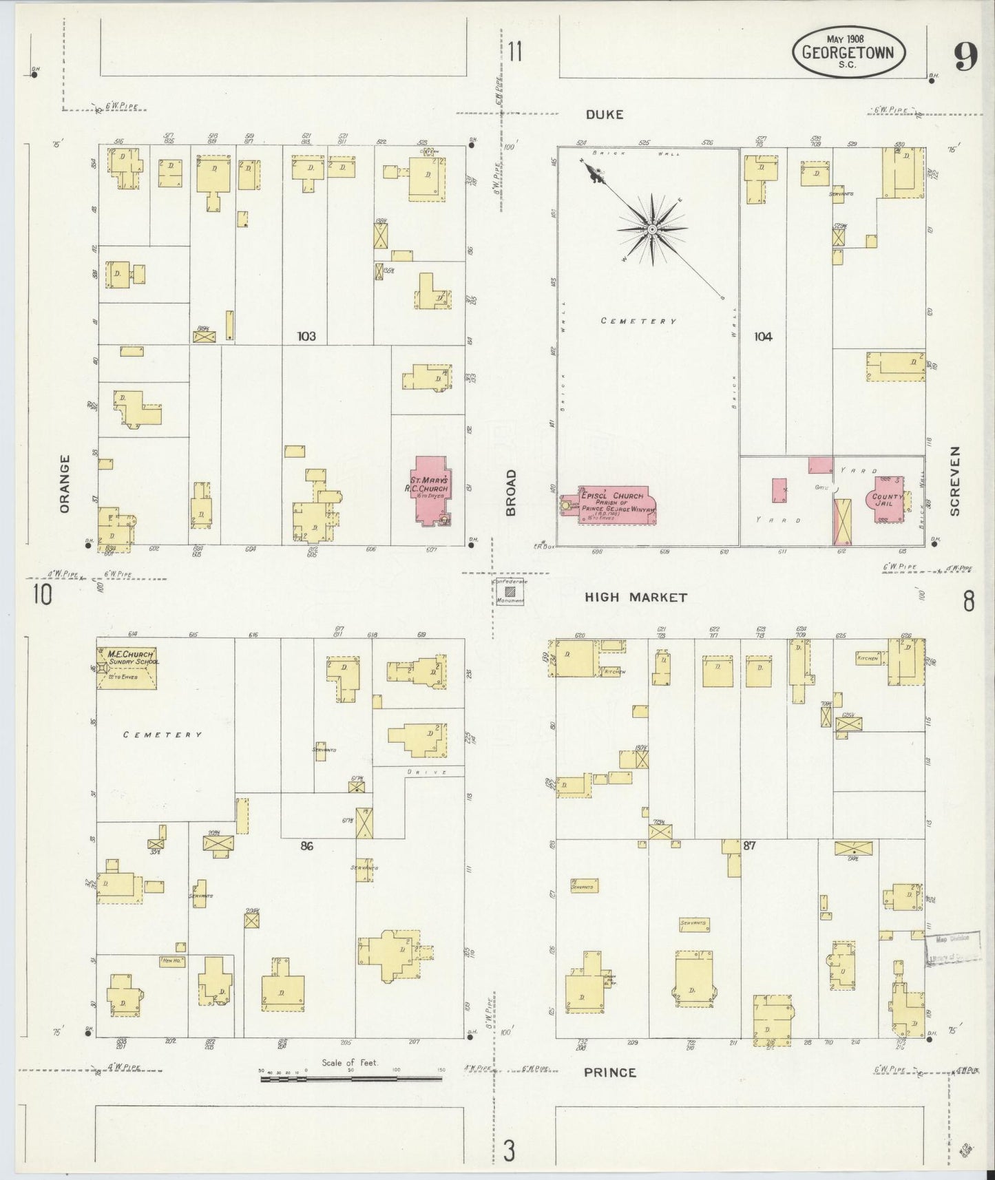 Sanborn Fire Insurance Map from Georgetown, Georgetown County, South Carolina (1908), Sheet #0009 - Historic Sanborn Fire Insurance Map Print, vintage old map wall art, antique decor, genealogy gift, South Carolina South Carolina map