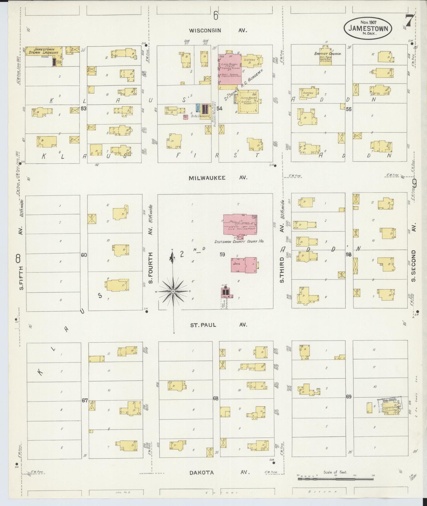 Sanborn Fire Insurance Map from Jamestown, Stutsman County, North Dakota (1907), Sheet #0007 - Complete Map Set gallery image, historic Sanborn map, vintage wall art, North Dakota North Dakota