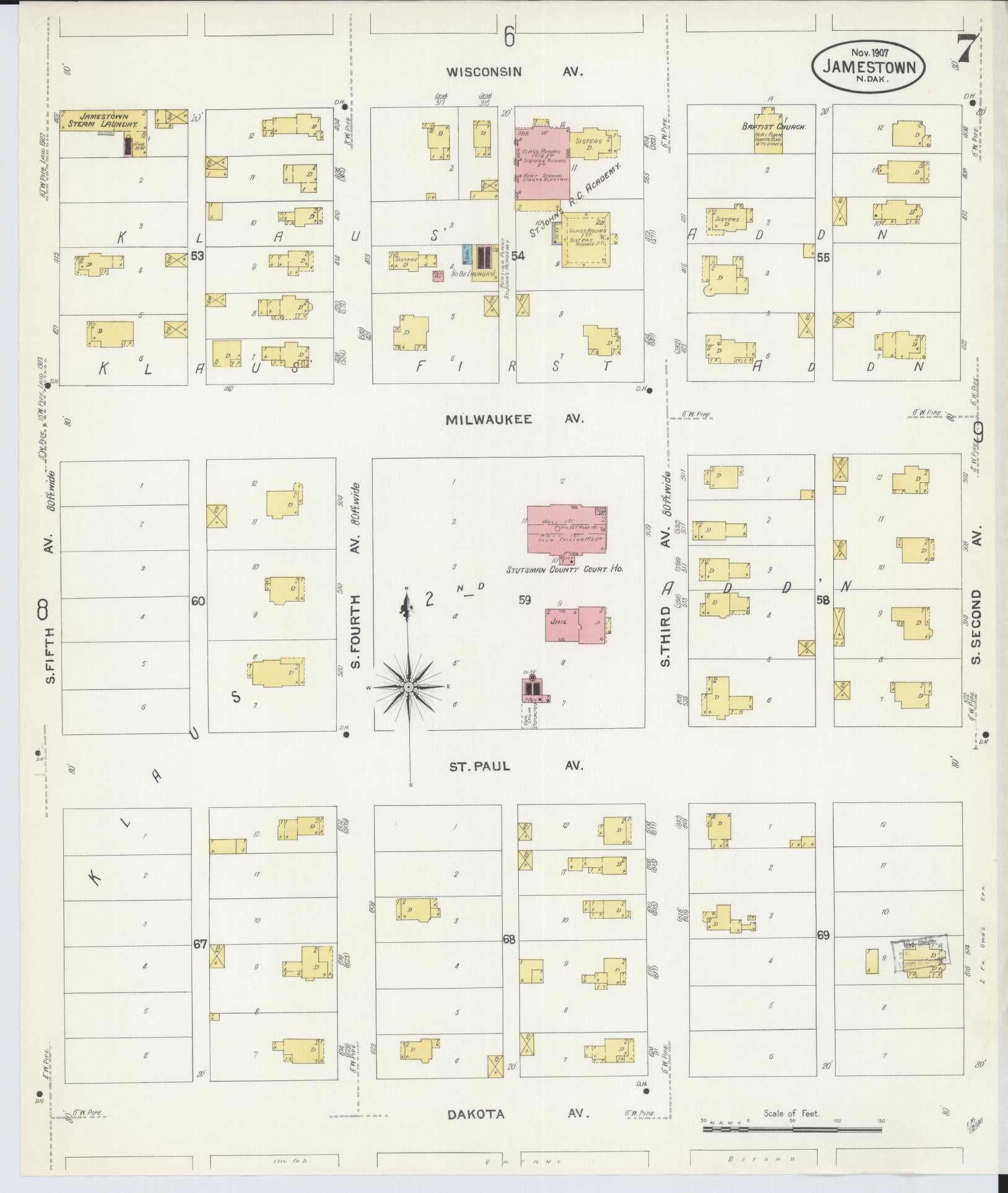Sanborn Fire Insurance Map from Jamestown, Stutsman County, North Dakota (1907), Sheet #0007 - Complete Map Set gallery image, historic Sanborn map, vintage wall art, North Dakota North Dakota