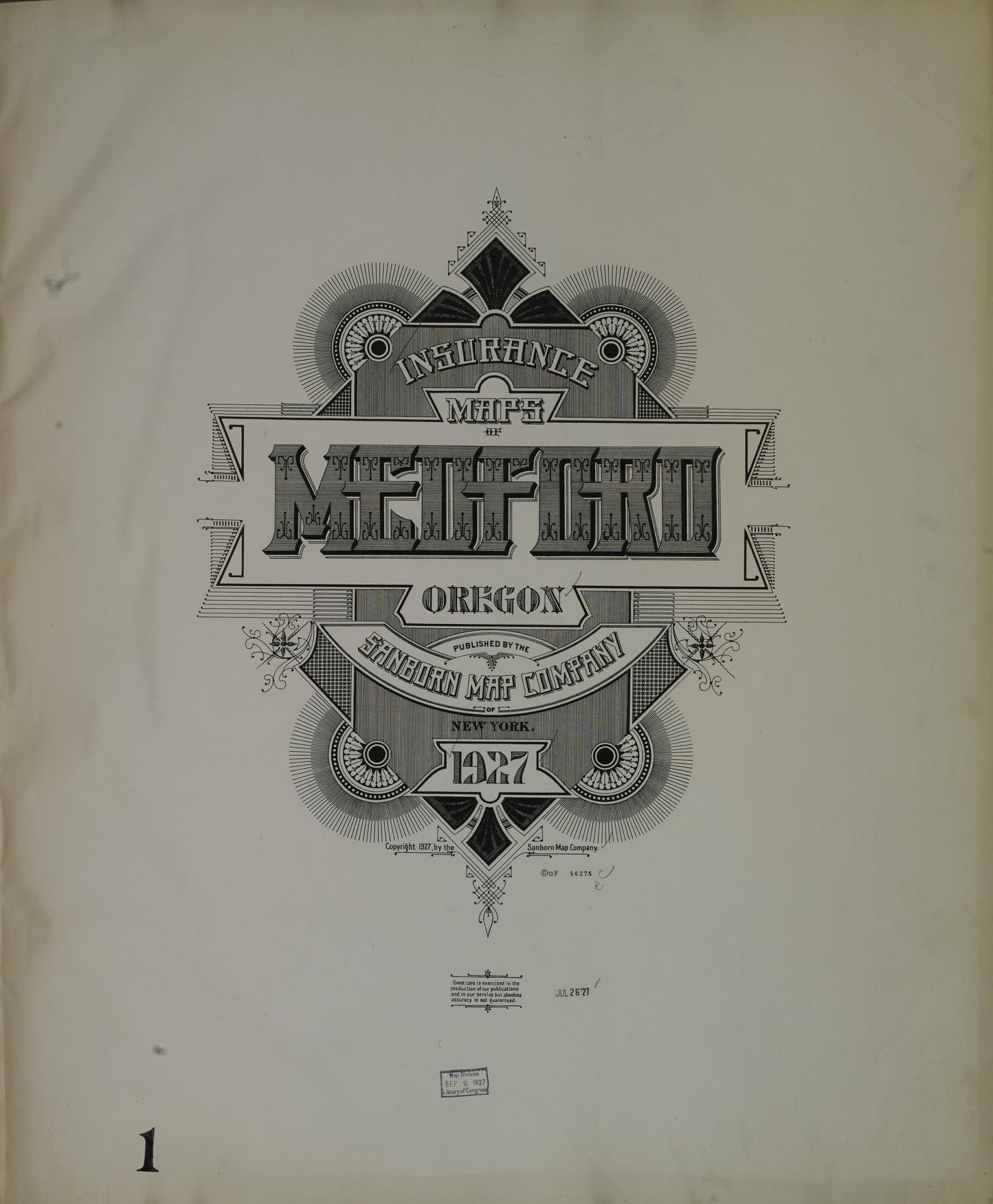 Sanborn Fire Insurance Map from Medford, Jackson County, Oregon (1927), Sheet #0001 - Historic Sanborn Fire Insurance Map Print, vintage old map wall art, antique decor, genealogy gift, Oregon Oregon map