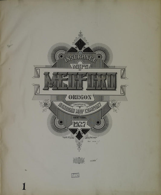 Sanborn Fire Insurance Map from Medford, Jackson County, Oregon (1927), Sheet #0001 - Historic Sanborn Fire Insurance Map Print, vintage old map wall art, antique decor, genealogy gift, Oregon Oregon map