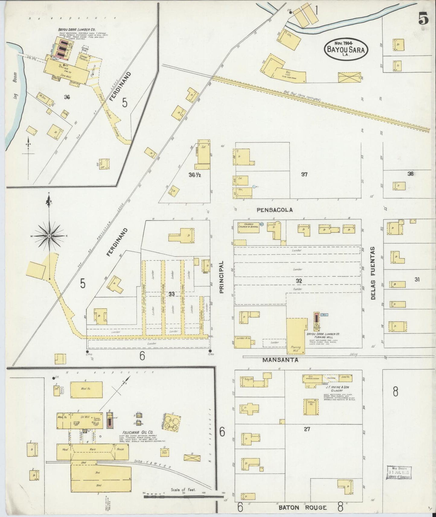 Sanborn Fire Insurance Map from Bayou Sara, West Feliciana Parish, Louisiana (1904), Sheet #0005 - Complete Map Set gallery image, historic Sanborn map, vintage wall art, Louisiana Louisiana
