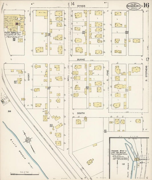 Sanborn Fire Insurance Map from Roseburg, Douglas County, Oregon (1912), Sheet #0016 - Historic Sanborn Fire Insurance Map Print, vintage old map wall art, antique decor, genealogy gift, Oregon Oregon map