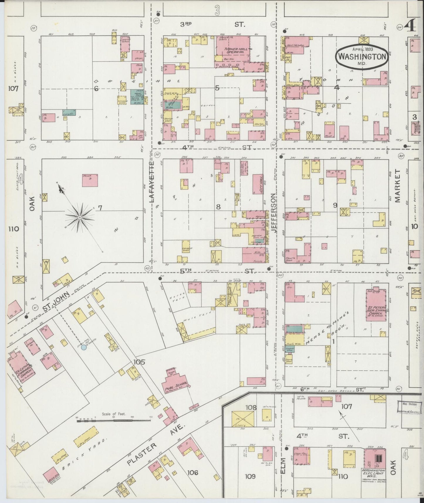 Sanborn Fire Insurance Map from Washington, Franklin County, Missouri (1893), Sheet #0004 - Historic Sanborn Fire Insurance Map Print, vintage old map wall art, antique decor, genealogy gift, Washington Washington map