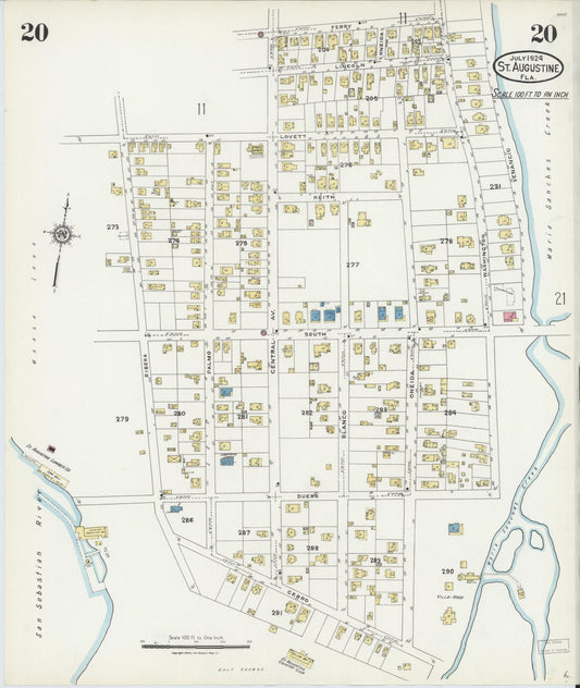Sanborn Fire Insurance Map from Saint Augustine, Saint John's County, Florida (1924), Sheet #0020 - Historic Sanborn Fire Insurance Map Print, vintage old map wall art, antique decor, genealogy gift, Florida Florida map
