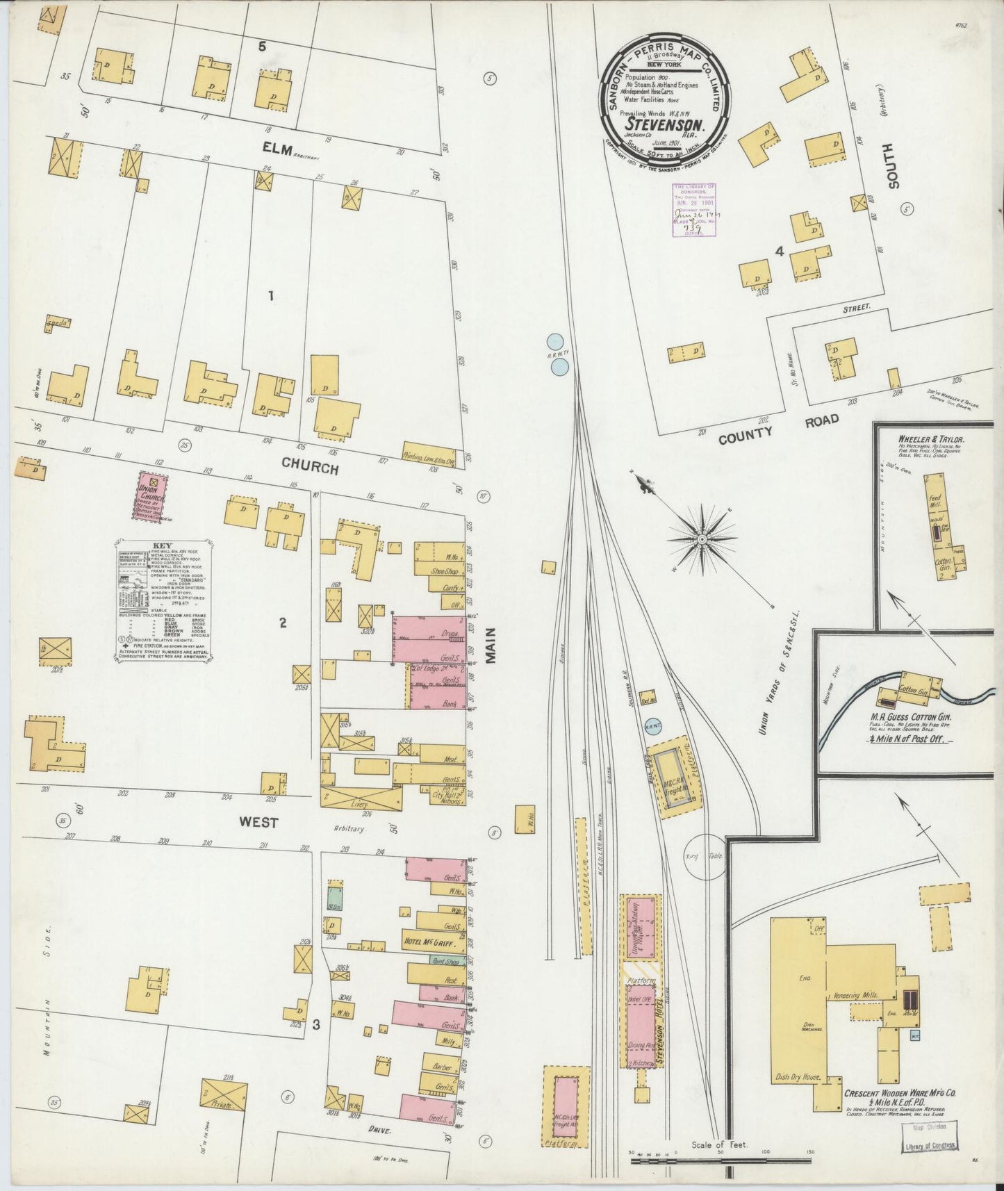 Sanborn Fire Insurance Map from Stevenson, Jackson County, Alabama (1901), Sheet #0001 - Historic Sanborn Fire Insurance Map Print, vintage old map wall art, antique decor, genealogy gift, Alabama Alabama map