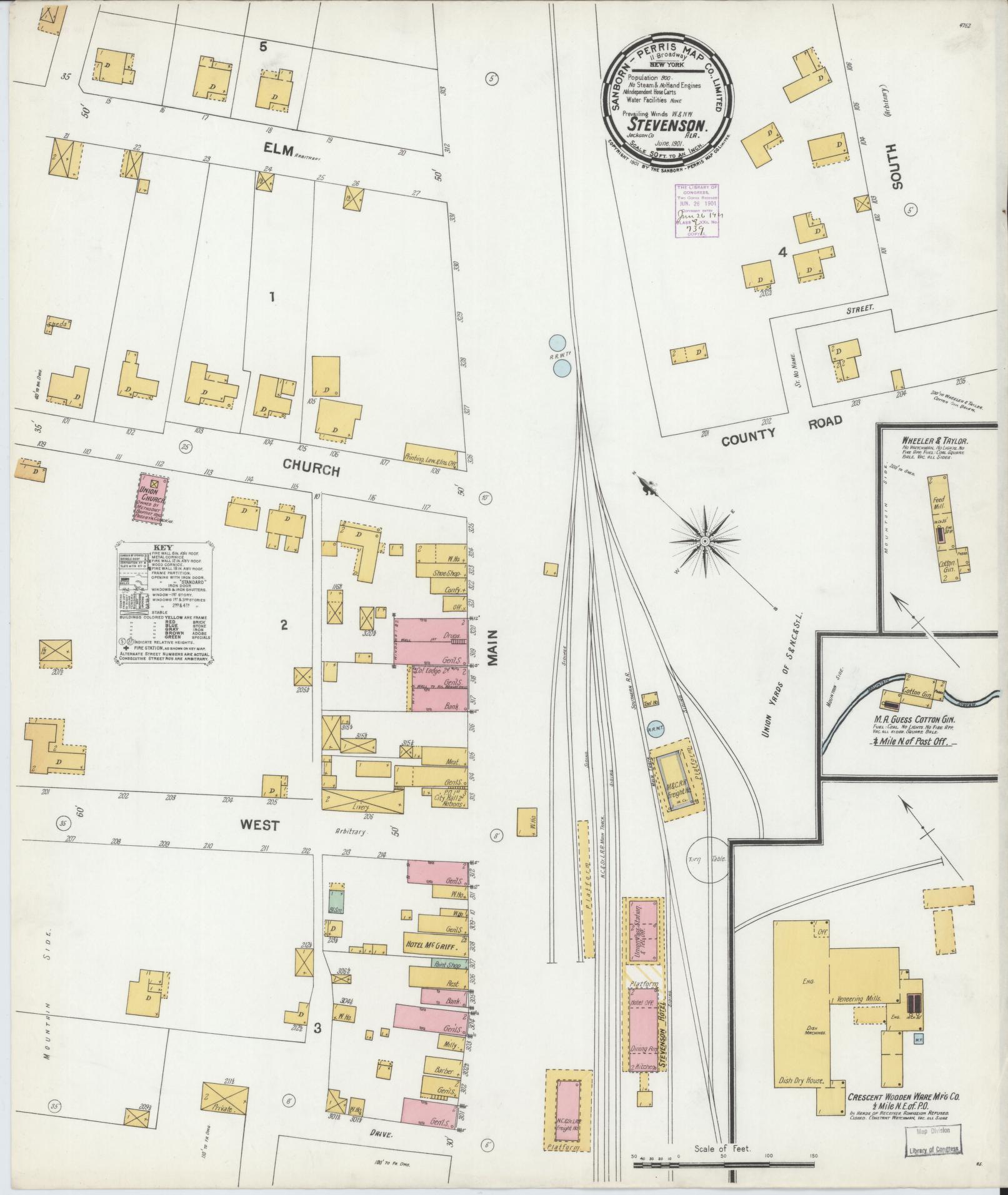 Sanborn Fire Insurance Map from Stevenson, Jackson County, Alabama (1901), Sheet #0001 - Historic Sanborn Fire Insurance Map Print, vintage old map wall art, antique decor, genealogy gift, Alabama Alabama map