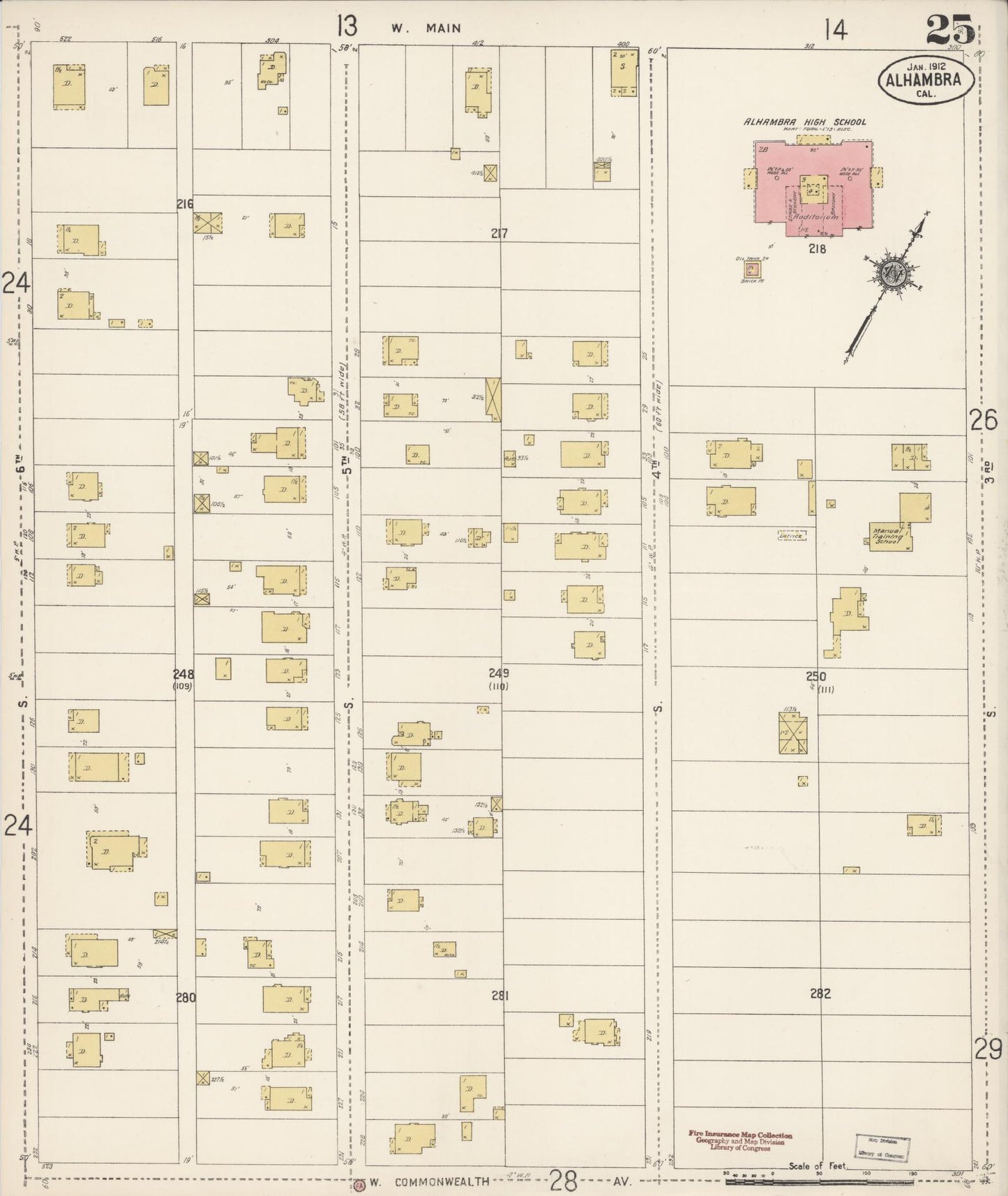 Sanborn Fire Insurance Map from Alhambra, Los Angeles County, California (1912), Sheet #0025 - Historic Sanborn Fire Insurance Map Print, vintage old map wall art, antique decor, genealogy gift, California California map