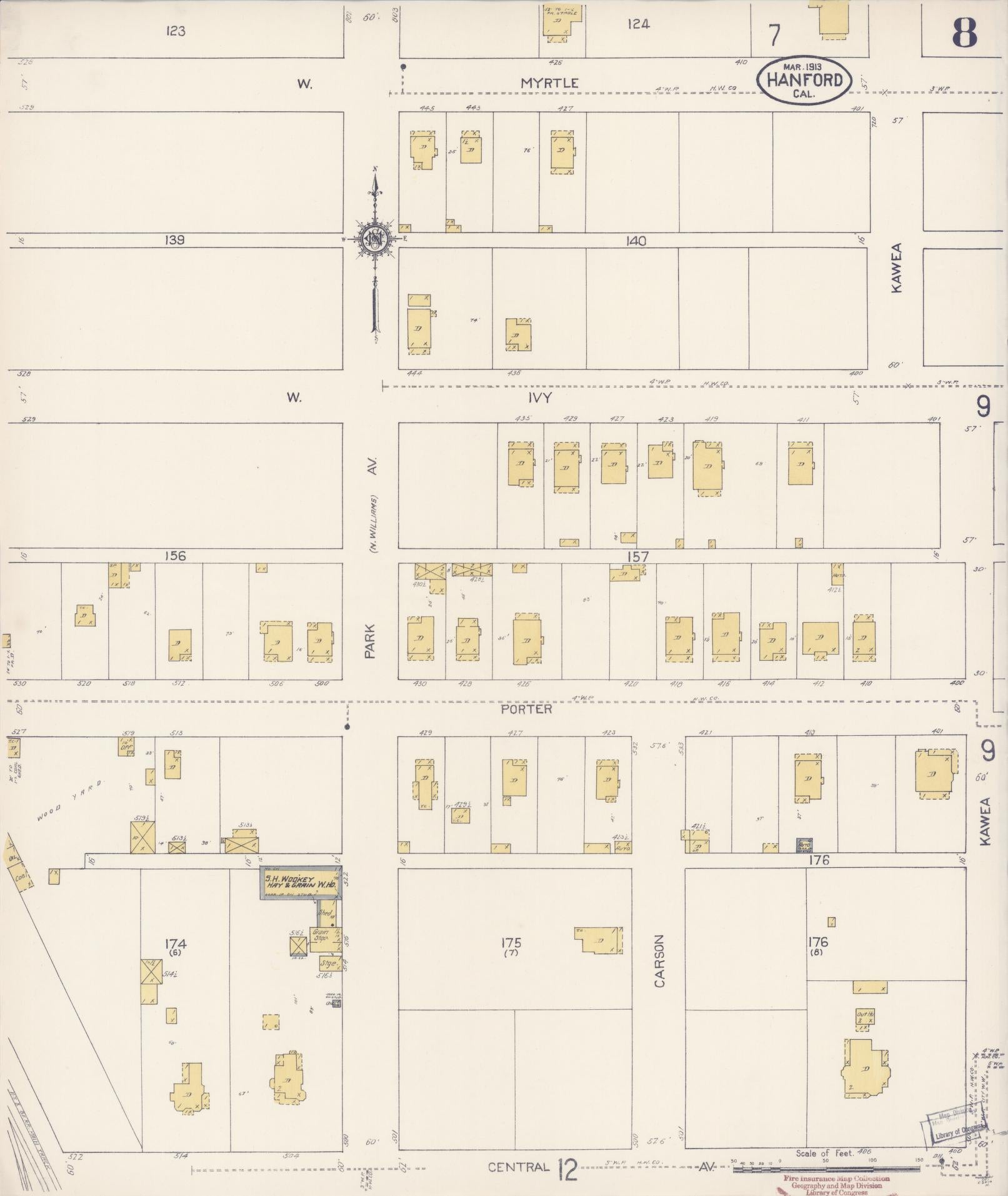 Sanborn Fire Insurance Map from Hanford, Kings County, California (1913), Sheet #0008 - Historic Sanborn Fire Insurance Map Print, vintage old map wall art, antique decor, genealogy gift, California California map