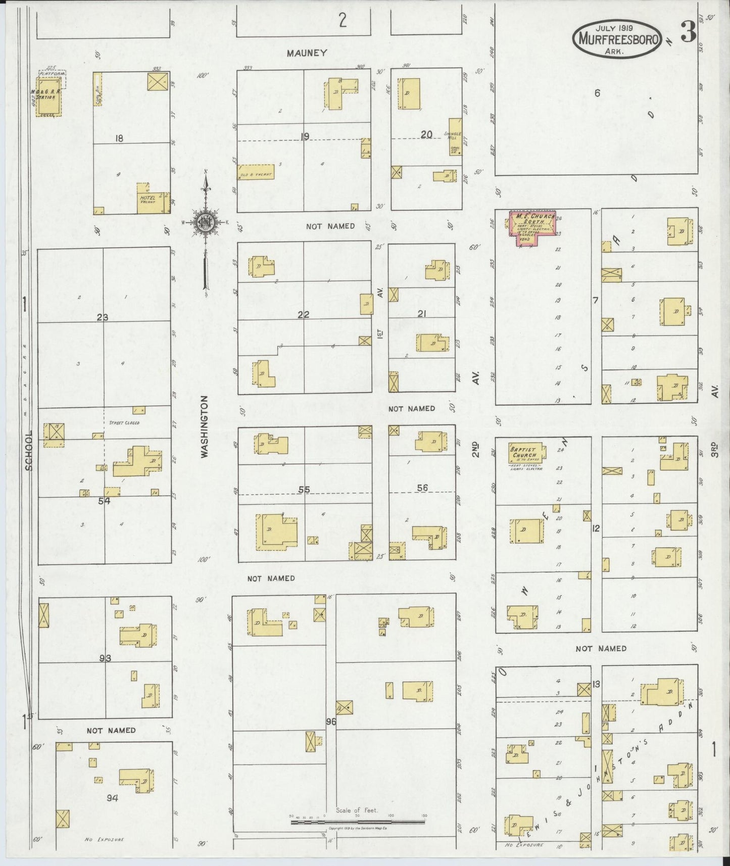 Sanborn Fire Insurance Map from Murfreesboro, Pike County, Arkansas (1919), Sheet #0003 - Complete Map Set gallery image, historic Sanborn map, vintage wall art, Arkansas Arkansas