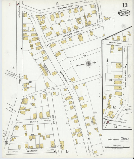Sanborn Fire Insurance Map from Peabody, Essex County, Massachusetts (1920), Sheet #0013 - Historic Sanborn Fire Insurance Map Print, vintage old map wall art, antique decor, genealogy gift, Massachusetts Massachusetts map