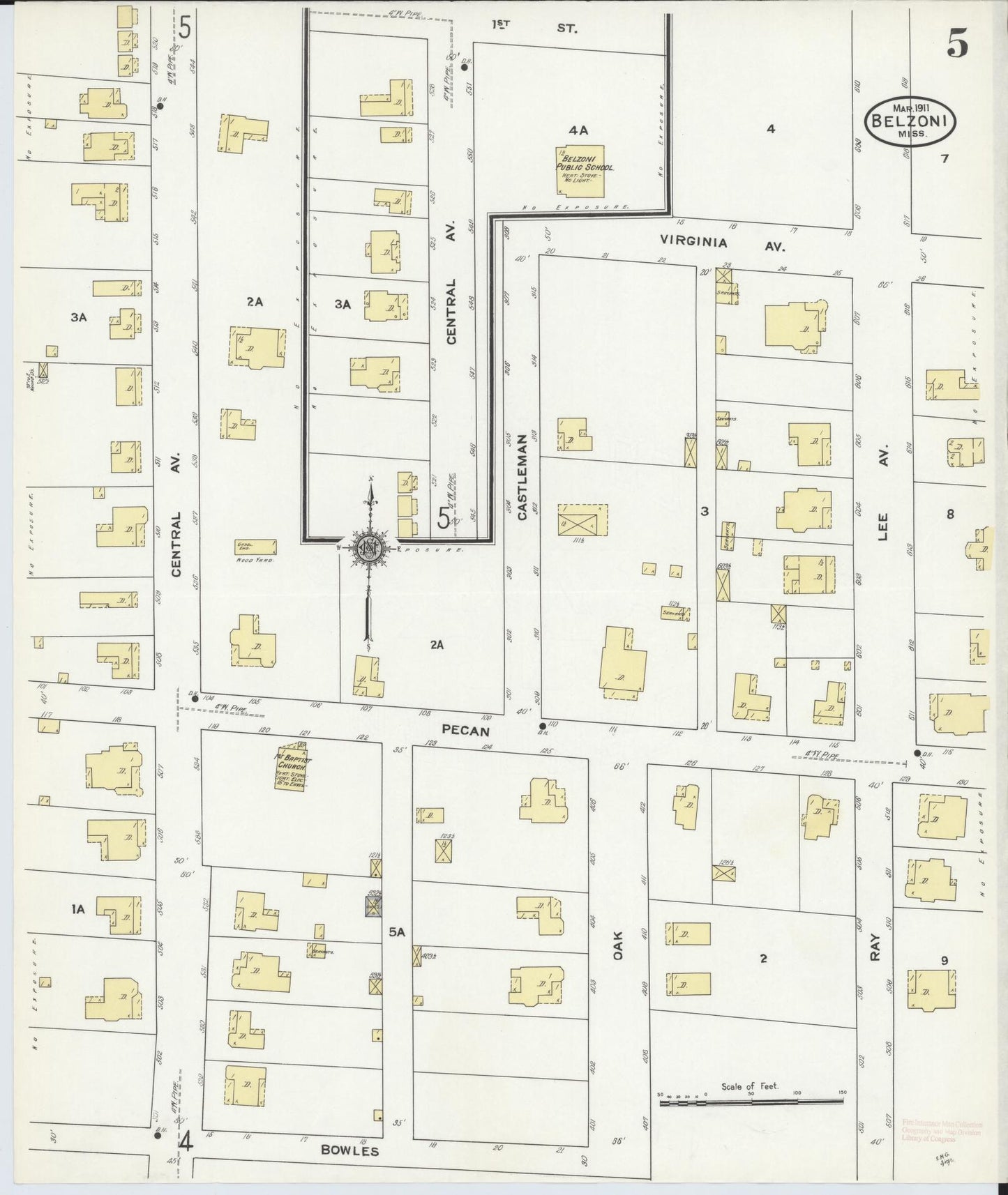 Sanborn Fire Insurance Map from Belzoni, Washington County, Mississippi (1911), Sheet #0005 - Complete Map Set gallery image, historic Sanborn map, vintage wall art, Mississippi Mississippi