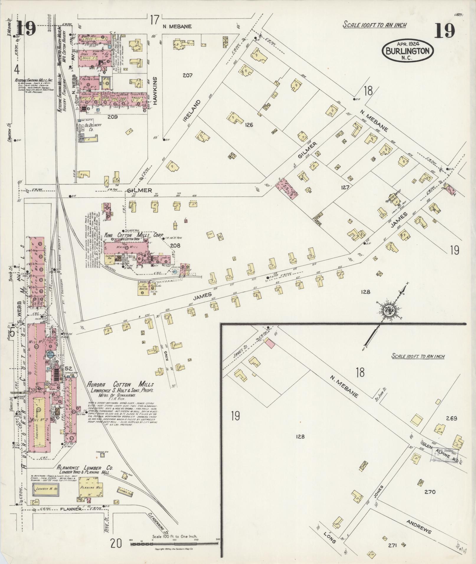 Sanborn Fire Insurance Map from Burlington, Alamance County, North Carolina (1924), Sheet #0019 - Complete Map Set gallery image, historic Sanborn map, vintage wall art, North Carolina North Carolina