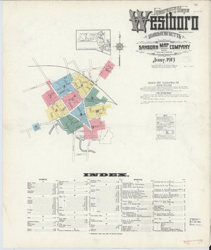 Sanborn Fire Insurance Map from Westboro, Worcester County, Massachusetts (1913), Sheet #0001 - Historic Sanborn Fire Insurance Map Print, vintage old map wall art, antique decor, genealogy gift, Massachusetts Massachusetts map