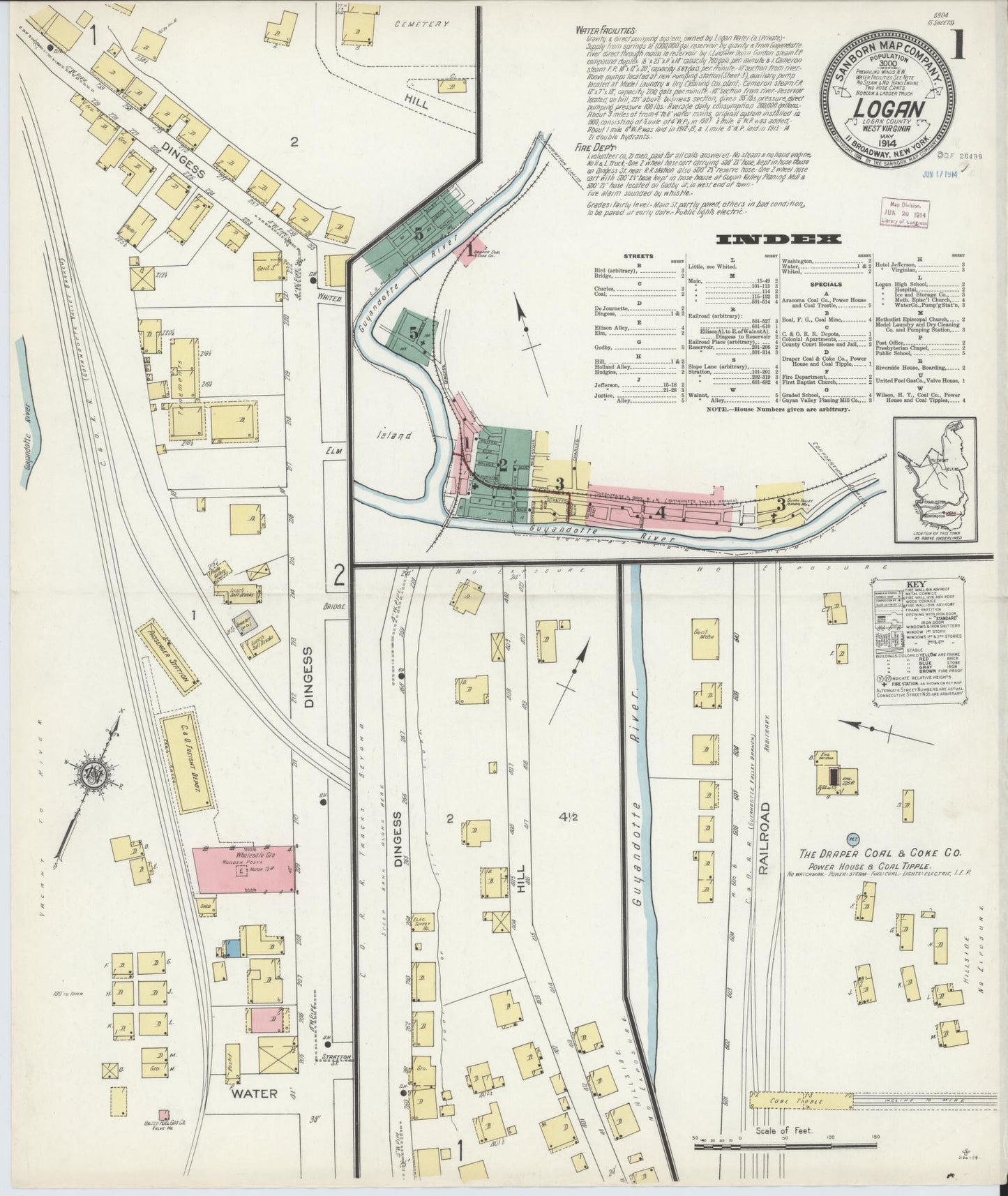 Sanborn Fire Insurance Map from Logan, Logan County, West Virginia (1914), Sheet #0001 - Complete Map Set gallery image, historic Sanborn map, vintage wall art, West Virginia West Virginia