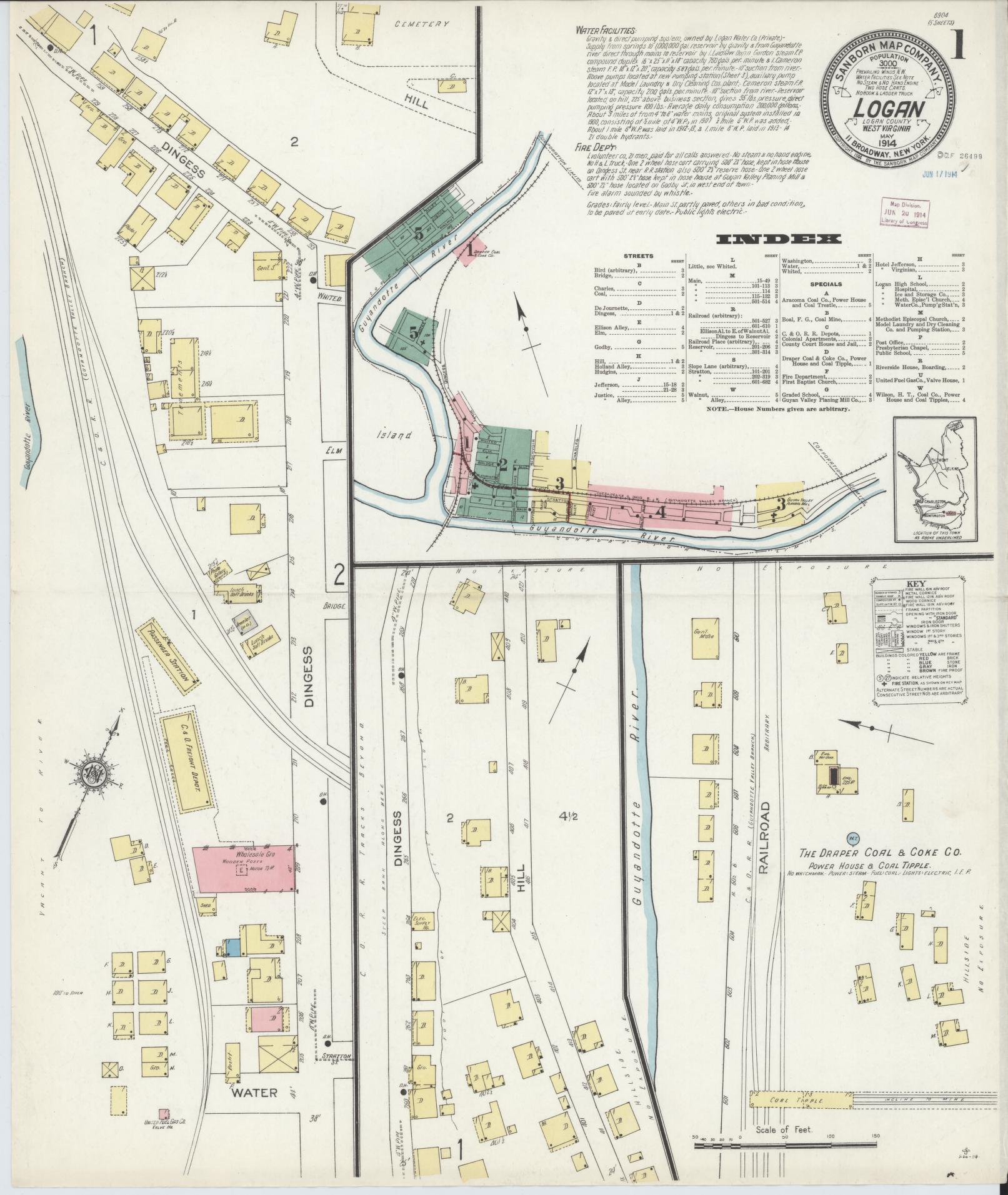 Sanborn Fire Insurance Map from Logan, Logan County, West Virginia (1914), Sheet #0001 - Complete Map Set gallery image, historic Sanborn map, vintage wall art, West Virginia West Virginia