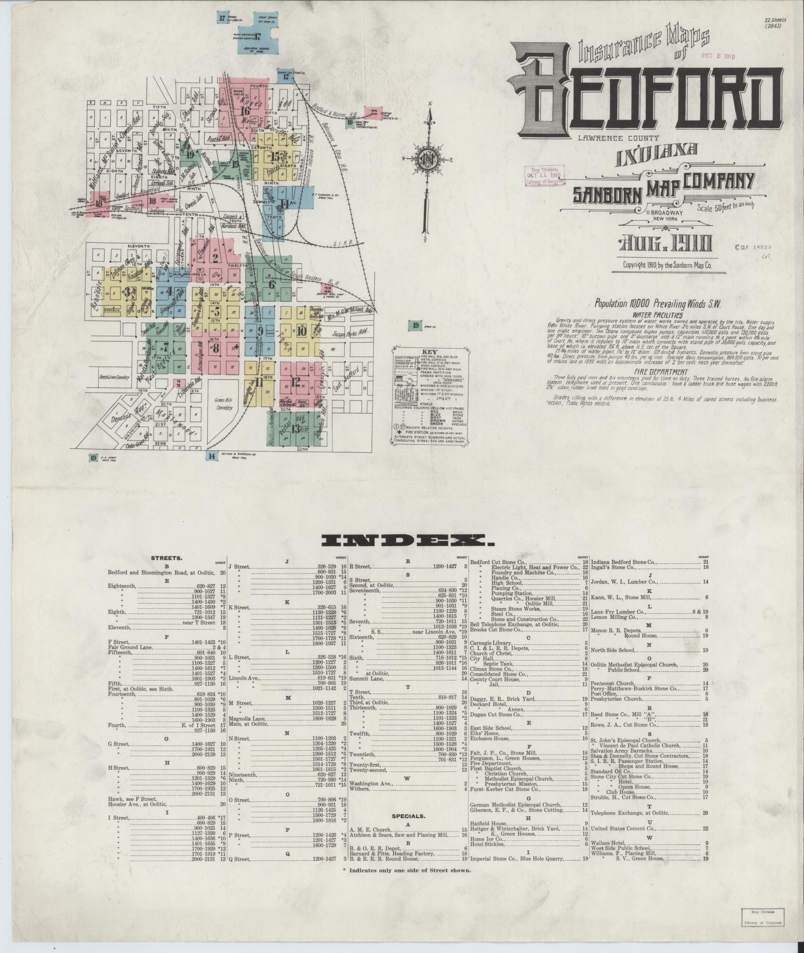 Sanborn Fire Insurance Map from Bedford, Lawrence County, Indiana (1910), Sheet #0001 - Complete Map Set gallery image, historic Sanborn map, vintage wall art, Indiana Indiana
