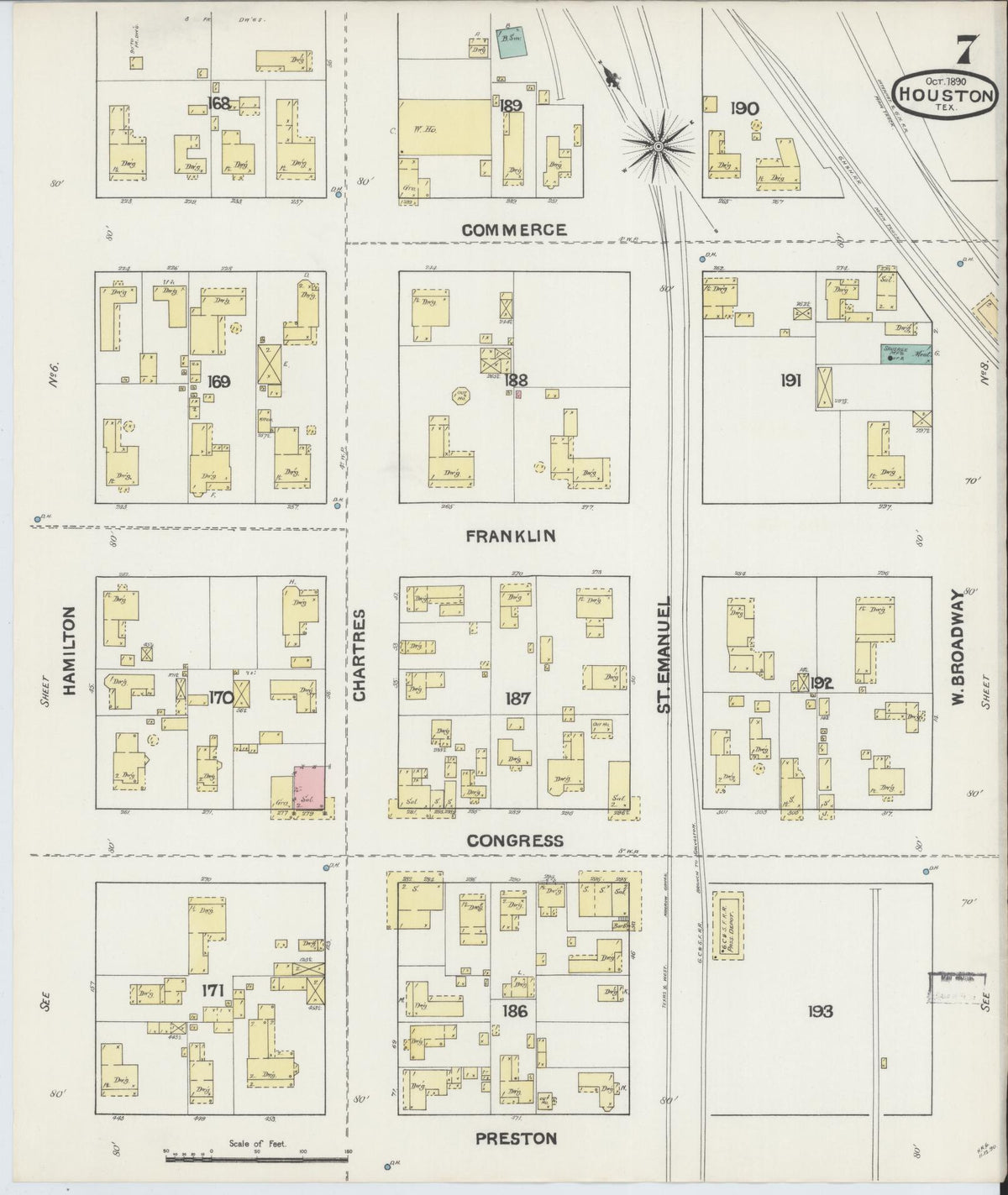 Sanborn Fire Insurance Map from Houston, Harris County, Texas (1890), Sheet #0007 - Historic Sanborn Fire Insurance Map Print, vintage old map wall art, antique decor, genealogy gift, Texas Texas map