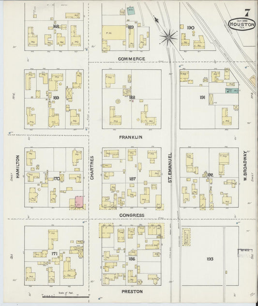 Sanborn Fire Insurance Map from Houston, Harris County, Texas (1890), Sheet #0007 - Historic Sanborn Fire Insurance Map Print, vintage old map wall art, antique decor, genealogy gift, Texas Texas map