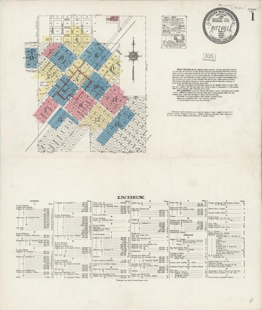 Sanborn Fire Insurance Map from Ritzville, Adams County, Washington (1922), Sheet #0001 - Historic Sanborn Fire Insurance Map Print, vintage old map wall art, antique decor, genealogy gift, Washington Washington map
