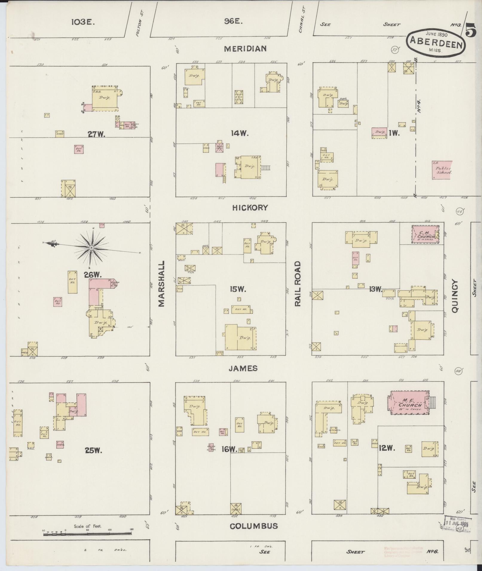 Sanborn Fire Insurance Map from Aberdeen, Monroe County, Mississippi (1890), Sheet #0005 - Complete Map Set gallery image, historic Sanborn map, vintage wall art, Mississippi Mississippi