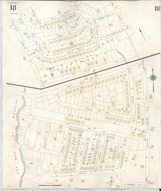 Sanborn Fire Insurance Map from Bellmore, Nassau County, New York (1945), Sheet #0018 - Historic Sanborn Fire Insurance Map Print, vintage old map wall art, antique decor, genealogy gift, New York New York map