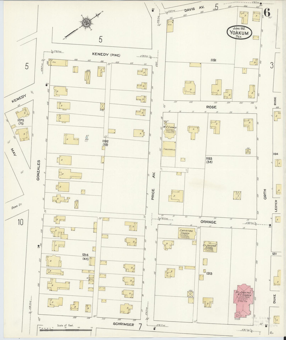 Sanborn Fire Insurance Map from Yoakum, De Witt And Lavaca Counties, Texas (1912), Sheet #0006 - Complete Map Set gallery image, historic Sanborn map, vintage wall art, Texas Texas