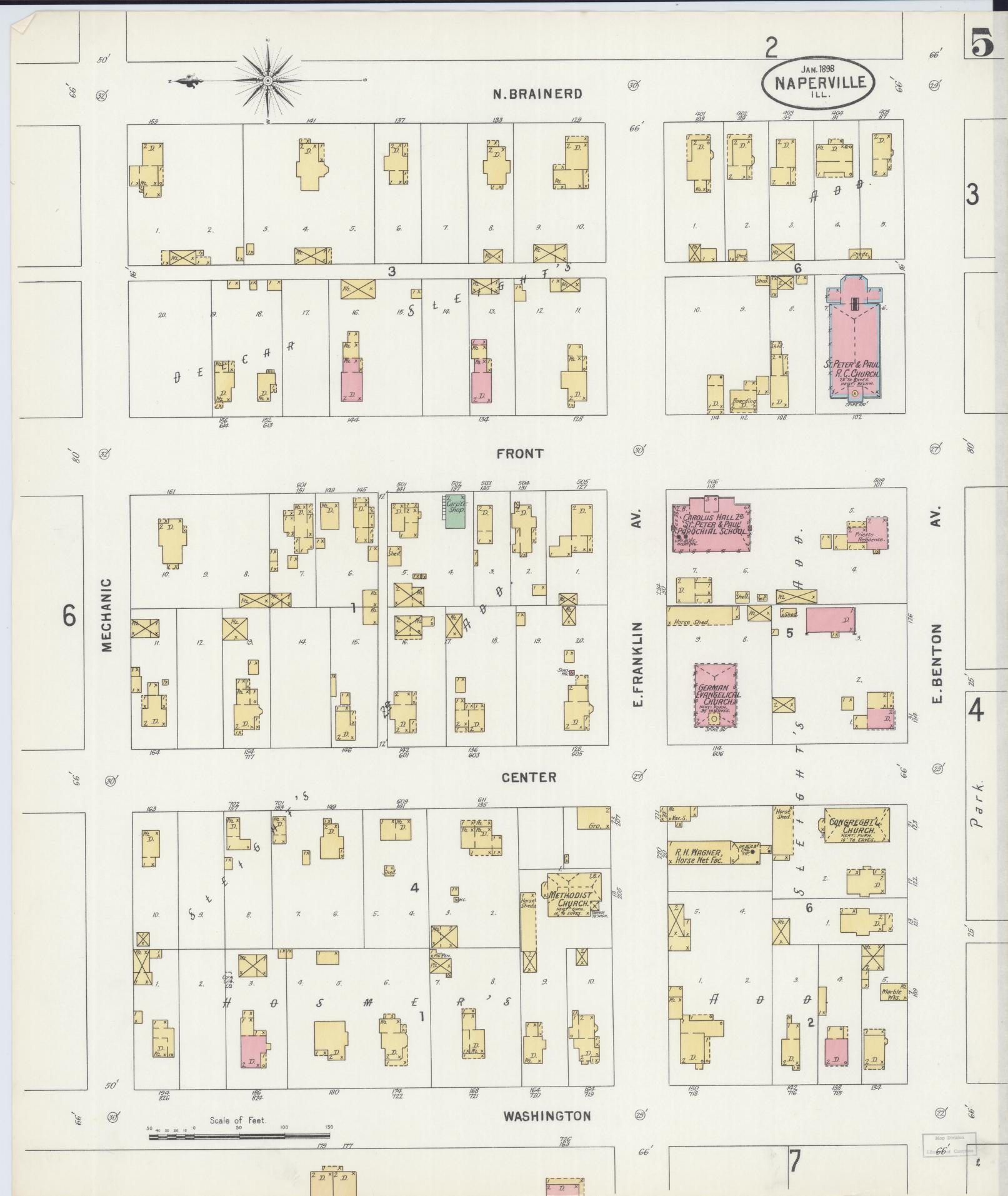 Sanborn Fire Insurance Map from Naperville, Du Page County, Illinois (1898), Sheet #0005 - Complete Map Set gallery image, historic Sanborn map, vintage wall art, Illinois Illinois