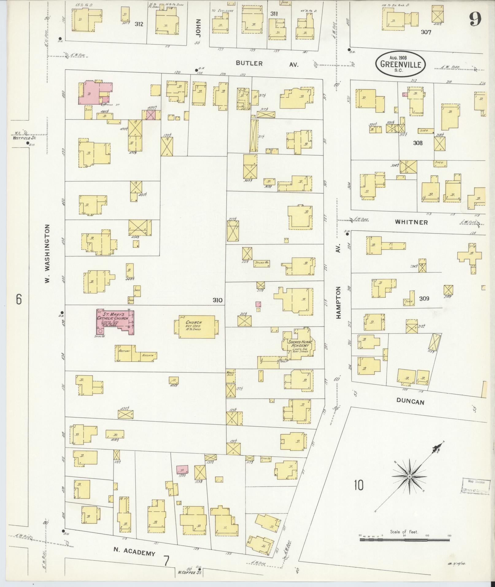 Sanborn Fire Insurance Map from Greenville, Greenville County, South Carolina (1908), Sheet #0009 - Historic Sanborn Fire Insurance Map Print, vintage old map wall art, antique decor, genealogy gift, South Carolina South Carolina map