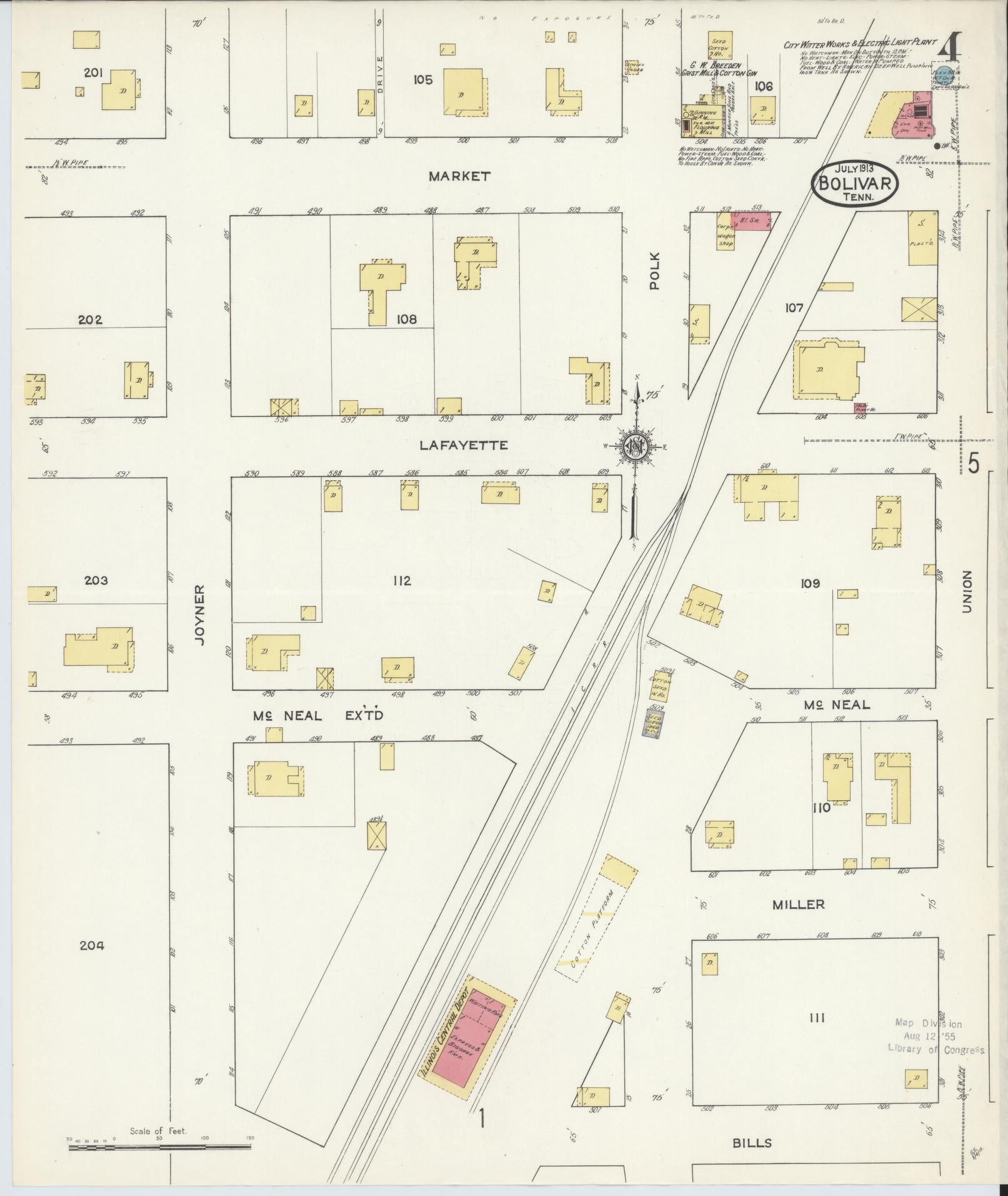 Sanborn Fire Insurance Map from Bolivar, Hardeman County, Tennessee (1913), Sheet #0004 - Historic Sanborn Fire Insurance Map Print, vintage old map wall art, antique decor, genealogy gift, Tennessee Tennessee map