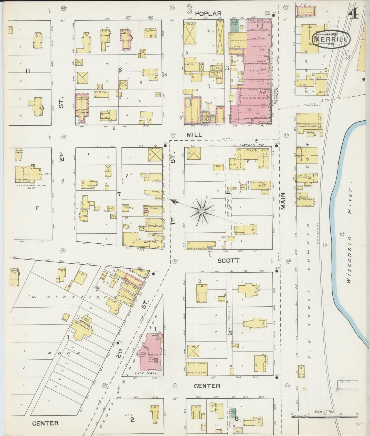 Sanborn Fire Insurance Map from Merrill, Lincoln County, Wisconsin (1892), Sheet #0004 - Complete Map Set gallery image, historic Sanborn map, vintage wall art, Wisconsin Wisconsin