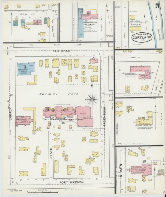Sanborn Fire Insurance Map from Cortland, Cortland County, New York (1892), Sheet #0005 - Historic Sanborn Fire Insurance Map Print, vintage old map wall art, antique decor, genealogy gift, New York New York map