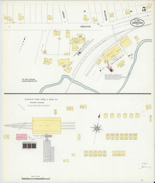 Sanborn Fire Insurance Map from Graham, Tazewell County, Virginia (1908), Sheet #0005 - Historic Sanborn Fire Insurance Map Print, vintage old map wall art, antique decor, genealogy gift, Virginia Virginia map