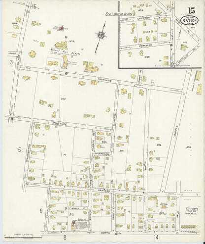 Sanborn Fire Insurance Map from Natick, Middlesex County, Massachusetts (1915), Sheet #0015 - Historic Sanborn Fire Insurance Map Print, vintage old map wall art, antique decor, genealogy gift, Massachusetts Massachusetts map