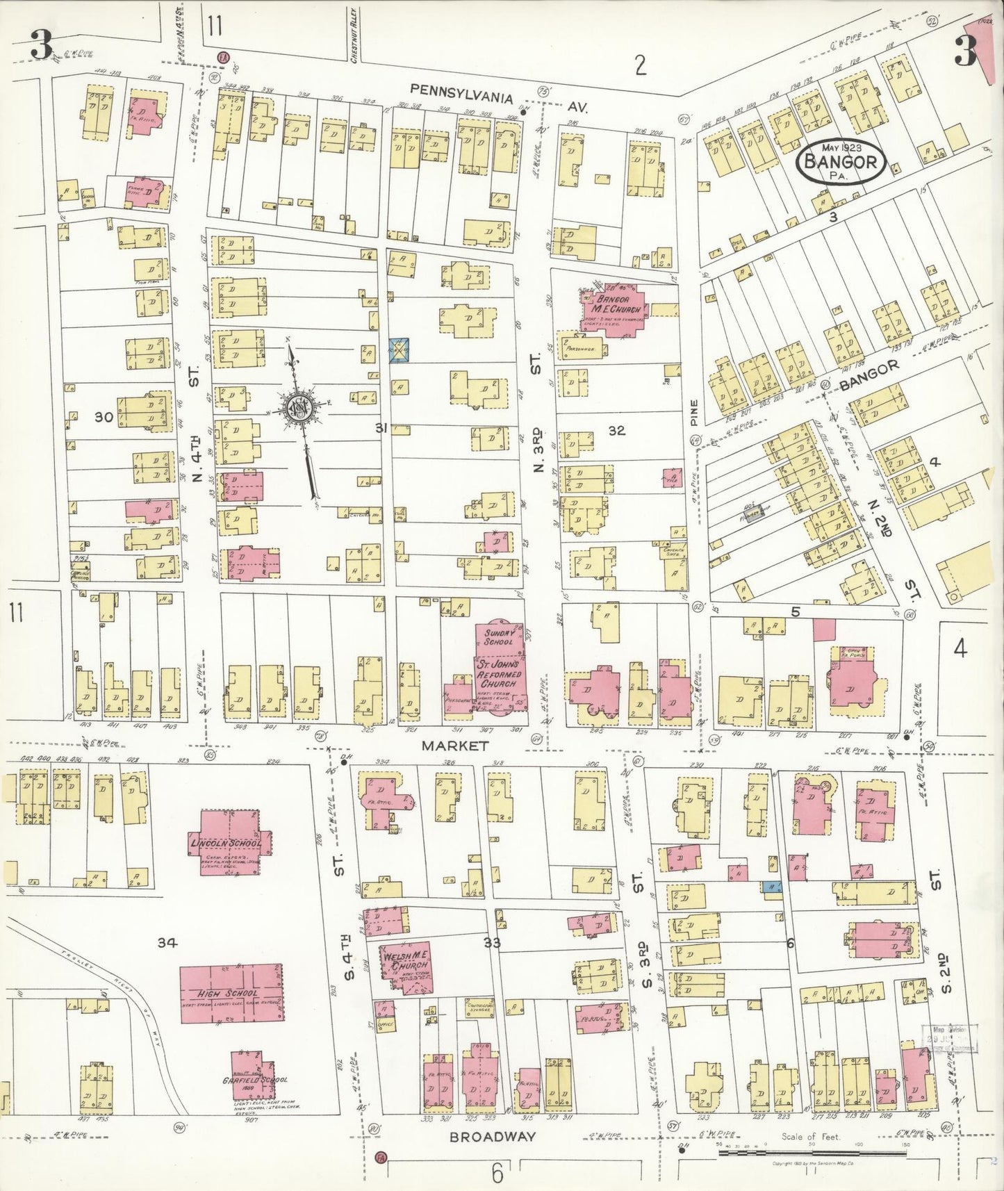 Sanborn Fire Insurance Map from Bangor, Northampton County, Pennsylvania (1923), Sheet #0003 - Historic Sanborn Fire Insurance Map Print, vintage old map wall art, antique decor, genealogy gift, Pennsylvania Pennsylvania map