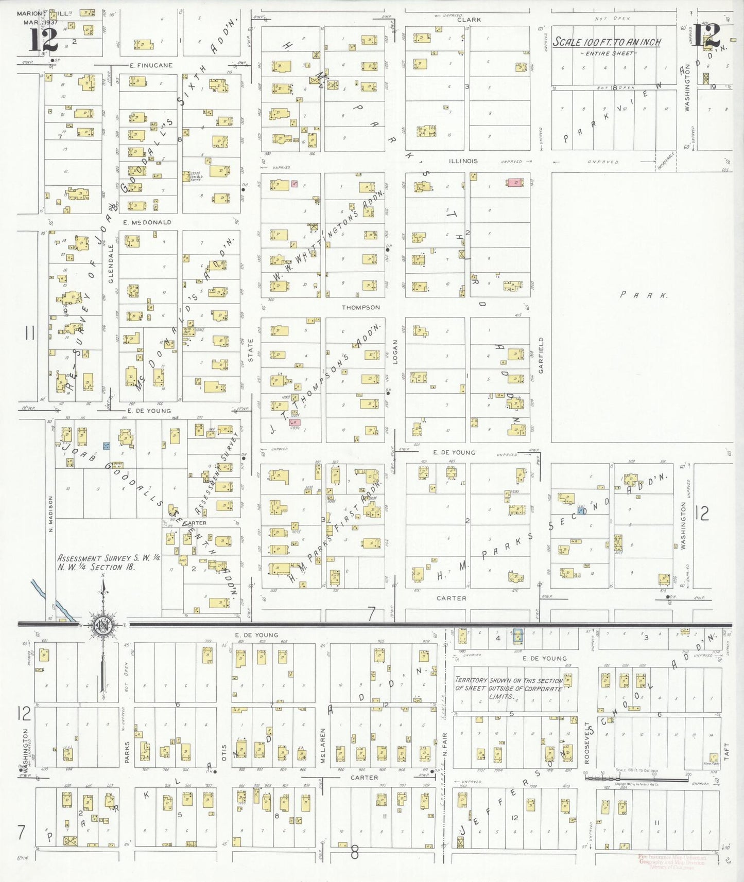 Sanborn Fire Insurance Map from Marion, Williamson County, Illinois (1937), Sheet #0012 - Historic Sanborn Fire Insurance Map Print, vintage old map wall art, antique decor, genealogy gift, Illinois Illinois map